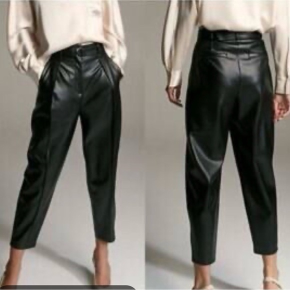 Babaton Pants - Babaton Aritzia Office Siren Black Vegan Leather Pleated Barrel Pants
